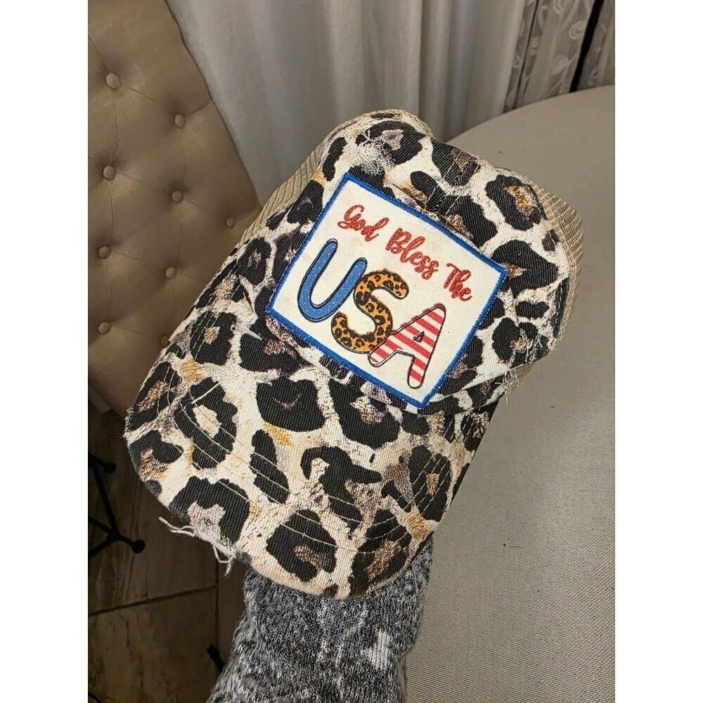 Leopard Print God Bless The USA Distressed Trucker Hat With Mesh‎ Back